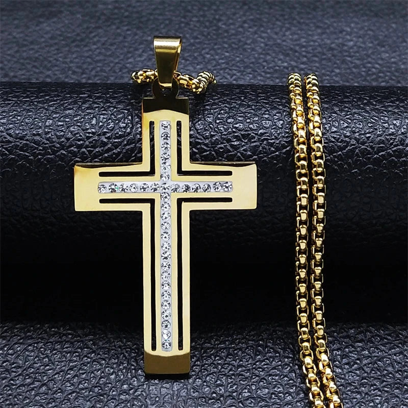Catholic Crucifix Cross Necklace for Women Men Stainless Steel Christian Religious Male Chain Jewelry colar masculino N4943 Good Vibrations