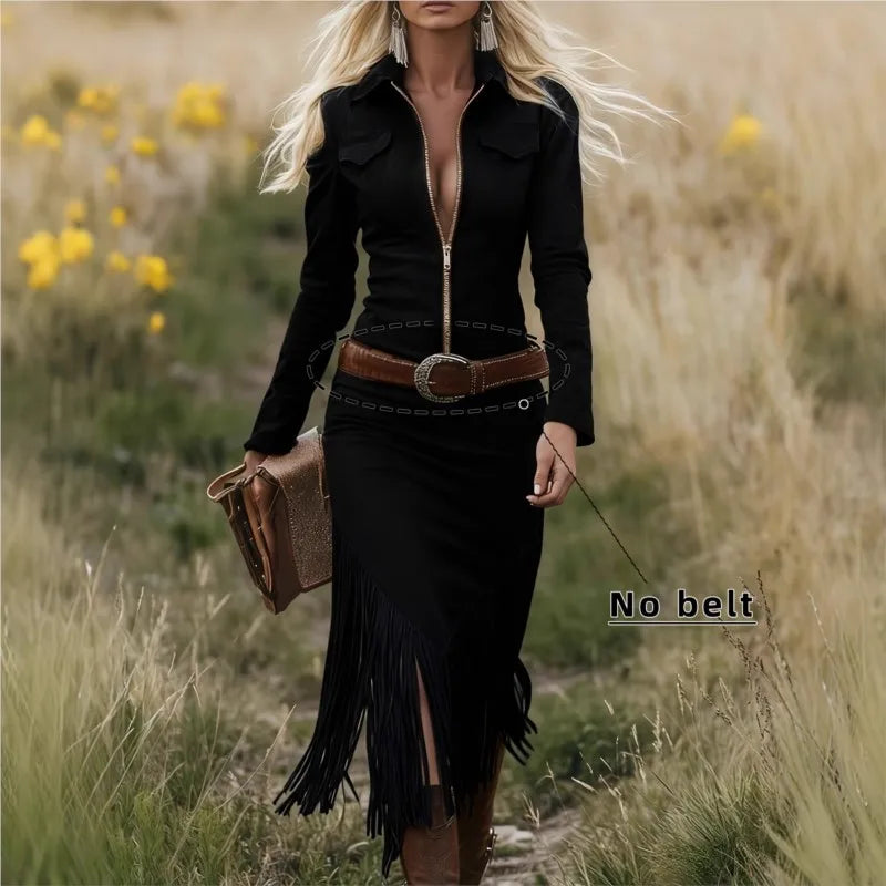 Autumn Winter Fashionable Western Denim Style Women's Dress Fashionable Solid Color Lapel Long Sleeve Suede Tassel Slim Dress Good Vibrations