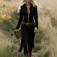 Autumn Winter Fashionable Western Denim Style Women's Dress Fashionable Solid Color Lapel Long Sleeve Suede Tassel Slim Dress Good Vibrations