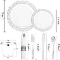 175Pcs Silver Dinnerware Sets, Lude:25 Dinner Plates, 25 Dessert Plates, 25 Paper Napkins, 25 Cups, 75 Silver Silverware Set Good Vibrations