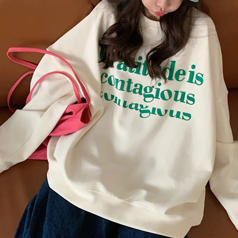 Women/Ladies/Girls Autumn Plus Velvet Letter Print Loose Long Sleeve Sweatshirt Fashion Pullover Casual Good Vibrations