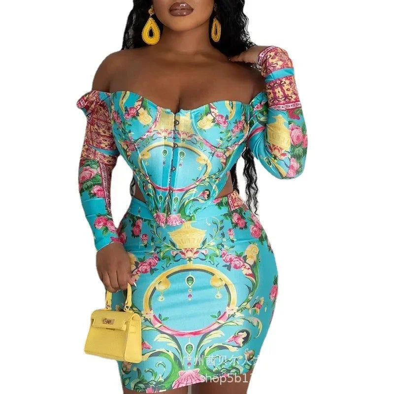 New Womens Dress Sets New Blue Floral Print Top Skirt Set Two Piece Sets Womens Outifits Good Vibrations