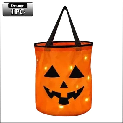 1-20PC LEDLight Up Halloween Pumpkin Candy Tote Bag Basket for Kids Trick or Treat Party Bucket for Holiday Event Decoration Use Good Vibrations
