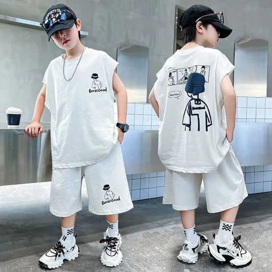 Boys' loose sleeveless vest set summer thin cartoon comic portrait boys' tank top and shorts two-piece set children's clothing Good Vibrations