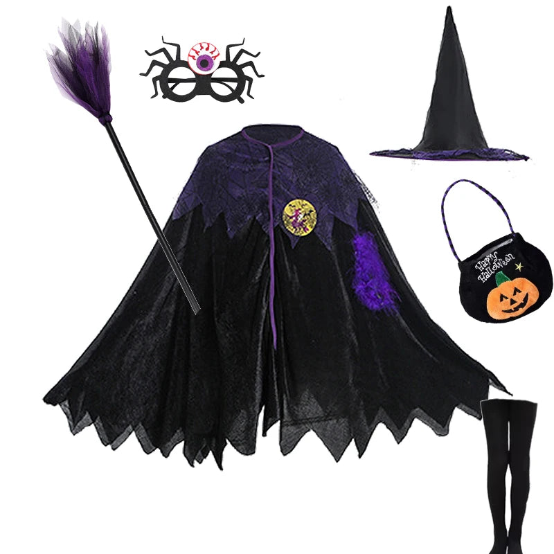 Halloween Costume for Girls Witch Vampire Carnival Party Dress Up Trappings Kids Cosplay Clothes Purple Bat Suit Holiday Gifts Good Vibrations