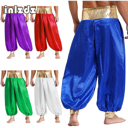 Halloween Men Arabian Indian Prince Cosplay Costume Stain Shiny Harem Trousers Arab Costume Carnival Dress Up Lantern Long Pants Good Vibrations