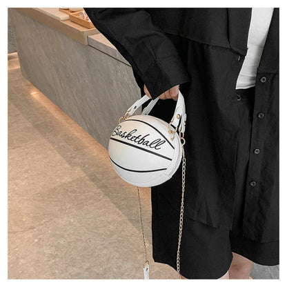 Women's Shoulder Bag PU Leather Chain Funny Round Basketball Letters Printed Youth Handbag Purse Fashion Crossbody Messenger Bag Good Vibrations