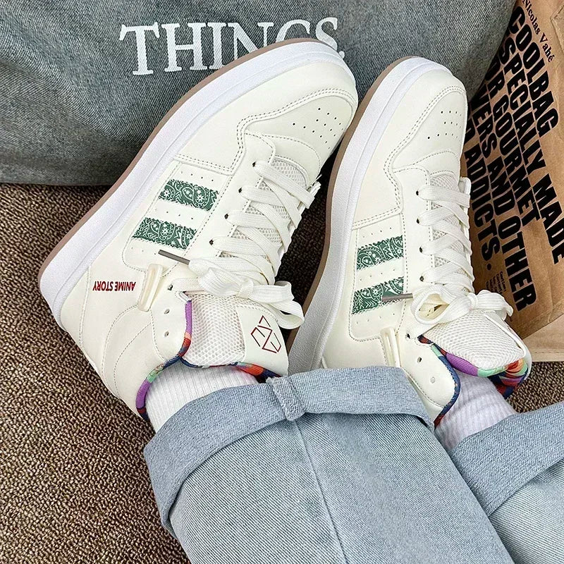 High Top National Tide Color Matching Strap Classic New Board Shoes Casual Walking Shoes Bread Shoes Small White Shoes Students Good Vibrations