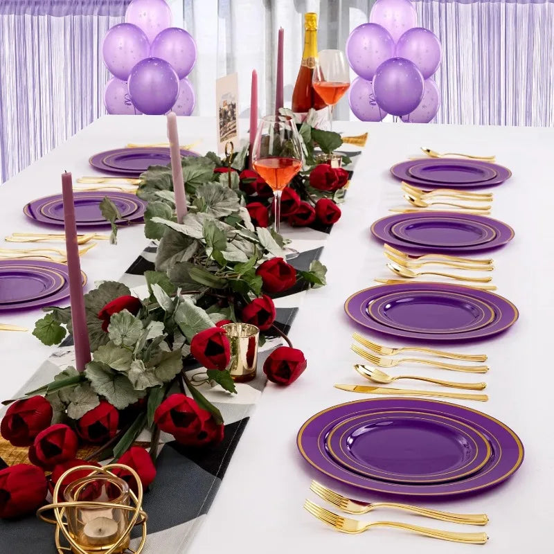 200PCS Halloween Purple Gold Plastic Plates with Gold Plastic Silverware,Purple Plastic Dinnerware Good Vibrations