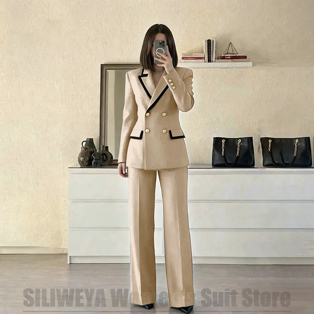 Women's Red Suit Two Piece Set Double Breasted Blazer with Black Trim and Pants Elegant Formal Fashion Daily Casual Party Tuxedo Good Vibrations