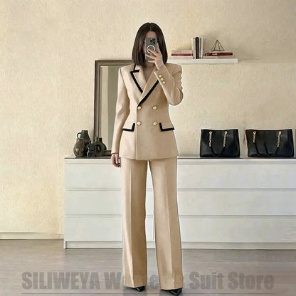 Women's Red Suit Two Piece Set Double Breasted Blazer with Black Trim and Pants Elegant Formal Fashion Daily Casual Party Tuxedo Good Vibrations