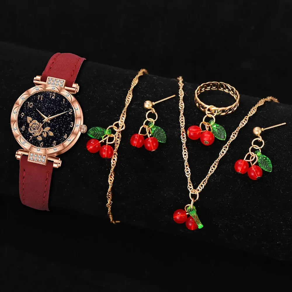 6PCS/Set Red Women's Watch With Minimalist Elements Dial Quartz Watch Latex Strap Cherry Elements Jewelry Set Girl's Gift Good Vibrations Adult Super Store