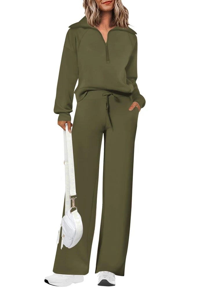 Women's Two-Piece Sports Set Loose-Fit Half-Zip Sweatshirt Wide-Leg Joggers Home & Leisure Set Sportswear Ensemble Good Vibrations