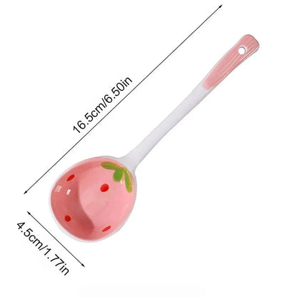 Kawaii Strawberry Ceramic Soup Spoon Cute Korean Ice Cream Hand Painted Coffee Dessert Long Handle Spoon Kitchen Accessories Good Vibrations