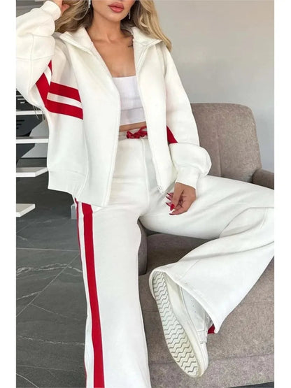 2025 Autumn Winter New Two-piece Set Women's Zipper Striped Loose Jacket Outwear And High Waist Side-striped Pants Sports Sets Good Vibrations