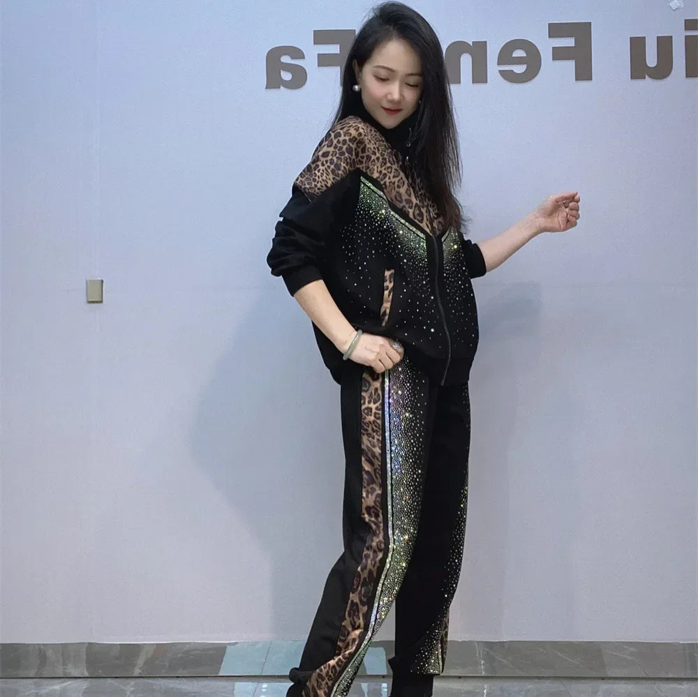 Diamonds Leopard Print Patchwork 2 Piece Sets Womens Outfits Casual Tracksuit Women Autumn Loose Cardigan Side Stripe Pant Suits Good Vibrations