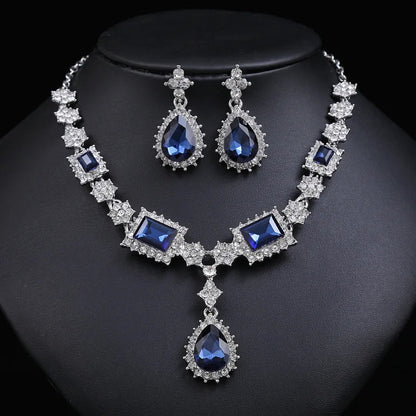 Bridal Jewelry Set Wholesale Silver Plated Red Green Blue Crystal Rhinestone Drop Earrings and Luxury Wedding Necklace for Women Good Vibrations