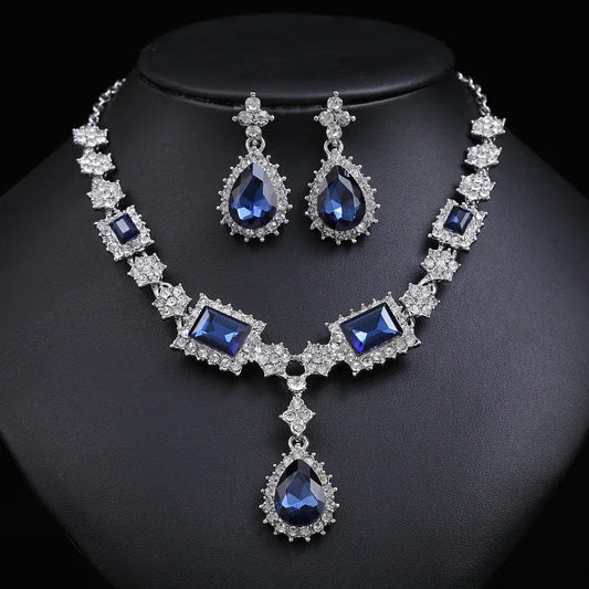 Bridal Jewelry Set Wholesale Silver Plated Red Green Blue Crystal Rhinestone Drop Earrings and Luxury Wedding Necklace for Women Good Vibrations