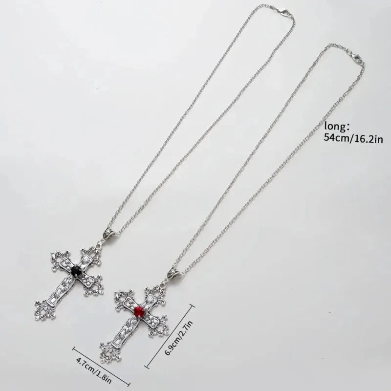 Gothic Irregular Cross Clavicle Chain Necklaces Y2K Punk Crystal Big Cross Pendant Necklaces for Women Men Aesthetic Jewelry Good Vibrations