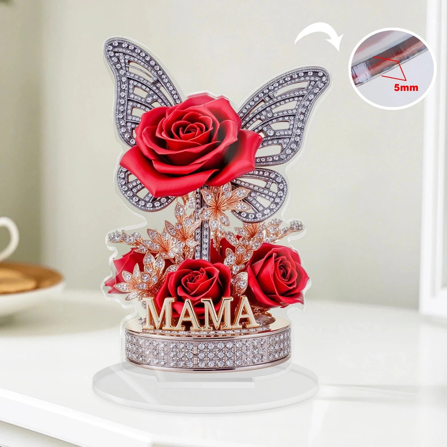 A gift for mom: An eternal souvenir, an acrylic display stand decorated with roses and butterflies. A beautiful gift Good Vibrations