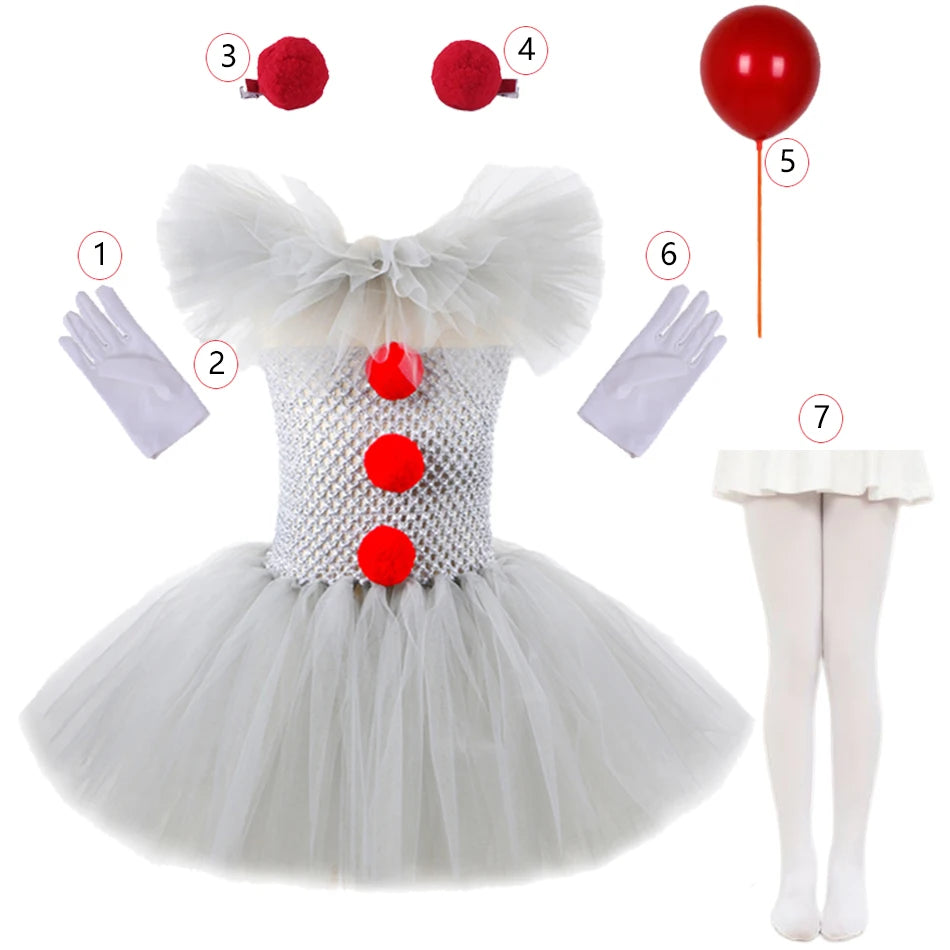 Halloween Costume For Kids Gray Girls Tutu Dress Kids Cosplay Scary Clown Costume Carnival Masquerade Party Dress Up 3-12Y Good Vibrations