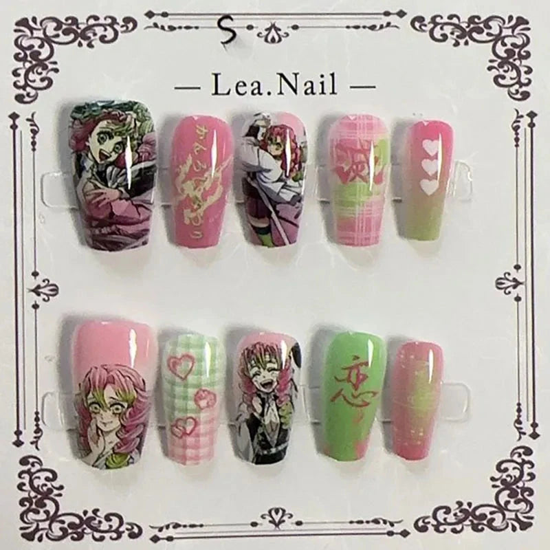 Lea.Nail Anime-Inspired Press-On Nails: Pink & Green Gradient Art with Hearts, Floral & Anime Designs | Cosplay-Ready 3D Accents Good Vibrations