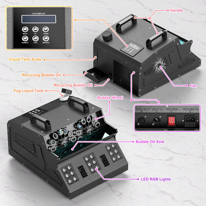 U'King 1500W Smoke Bubble Machine 8 RGB 3IN1 LED Bubble Fog Machine DMX Bubble Fogger Stage Light For DJ Halloween Party Wedding Good Vibrations