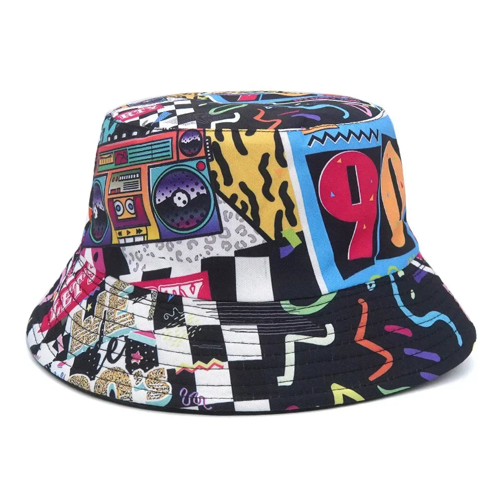 Women Bucket Hat Fashion Design Print 90's Panama Hats Female Vintage Fisherman Unisex Sun Cap Dropshipping Good Vibrations