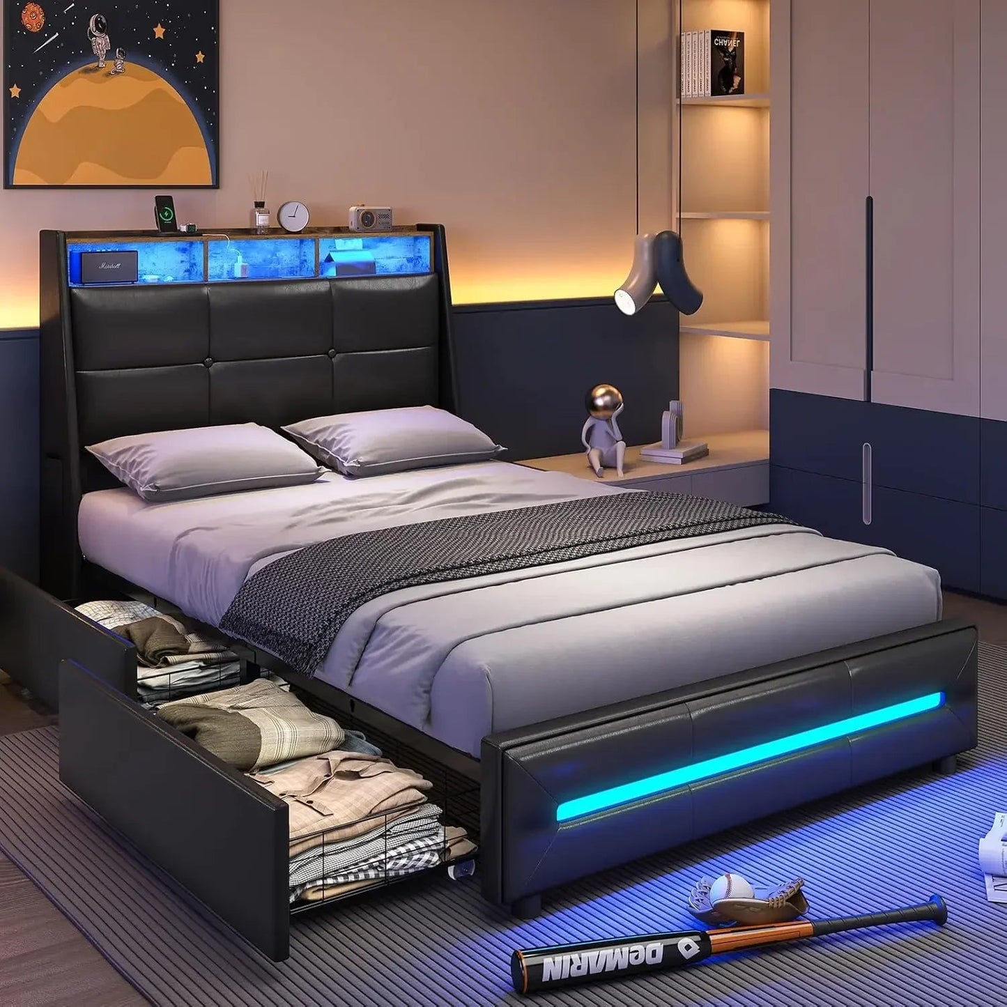 King Size Bed Frame w 4 Storage Drawers,Charging Station and LED Lights,Upholstered Bed Frame w Button Tufted Wingback Headboard Good Vibrations