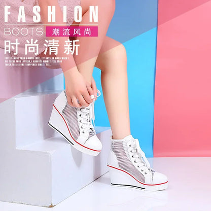 2025  Wedge Heel 8cm Height Increasing Net Shoes Thick Bottom Sandals Women's Casual Lace-up Shoes High-top Hollow Women's Shoes Good Vibrations