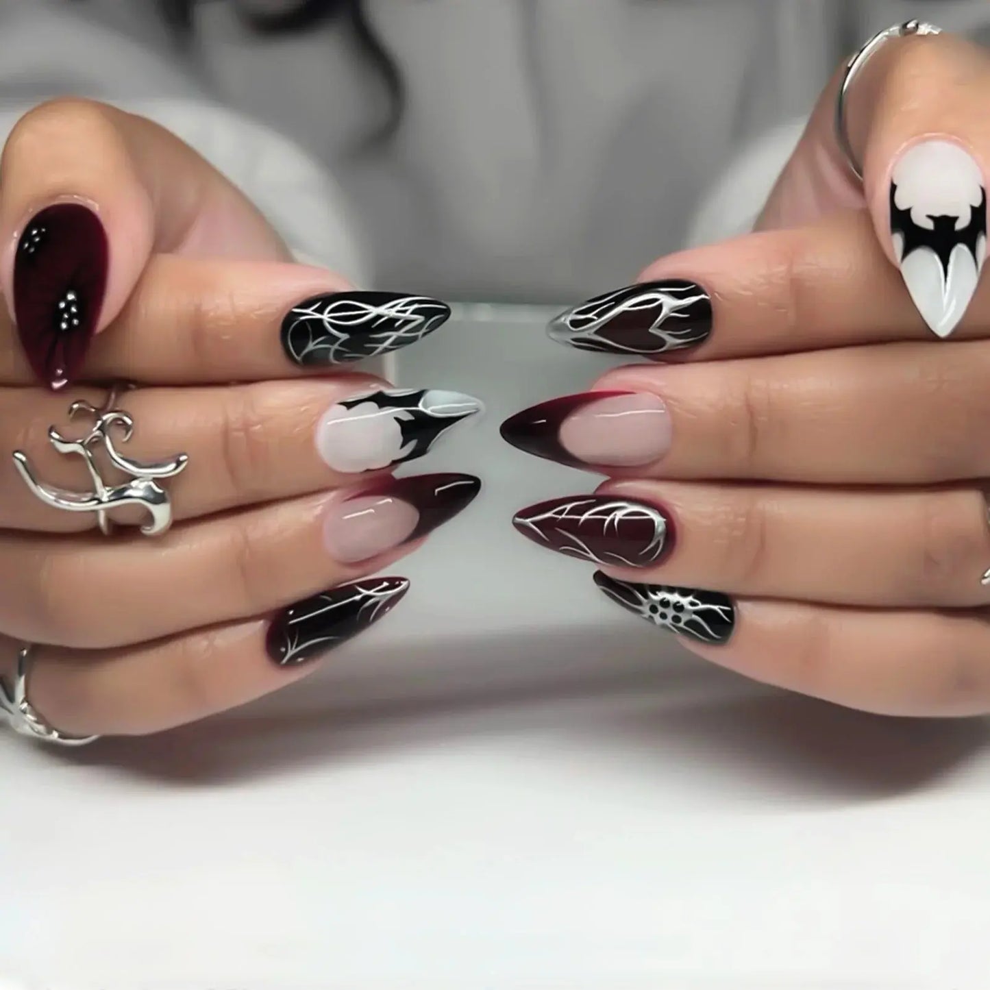 Halloween Fake Nails with 3D Metal Spider Designs Almond Black Red Press on Nails Women Girls Halloween Party False Nails 24Pcs Good Vibrations