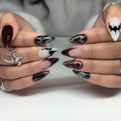 Halloween Fake Nails with 3D Metal Spider Designs Almond Black Red Press on Nails Women Girls Halloween Party False Nails 24Pcs Good Vibrations
