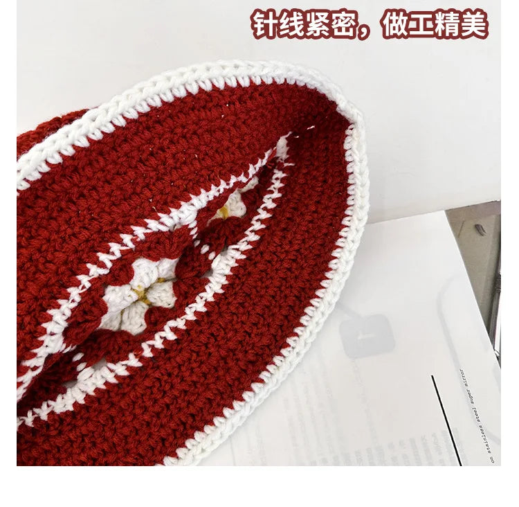 2024 Spring New Crochet Hat Korean Handmade Bucket Hat Women's Weaving Knitted Hat Y2k Fashion Flowers Autumn Winter Ins Beanies Good Vibrations