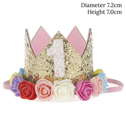 Baby Birthday Decoration Girl 1 2 3 Years Crown Hat Pink White Flower Sequins Crown 1st birthday Photo Prop Happy Birthday Gifts Good Vibrations