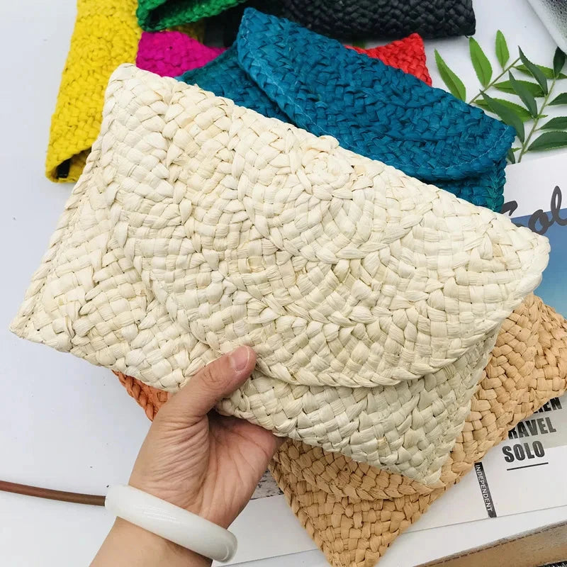 Corn Husk Weave Dinner Clutch Bag Women's Fashion Simple Solid Straw Large Purse Woman Summer Casual Vacation Ladies Wallet 2025 Good Vibrations