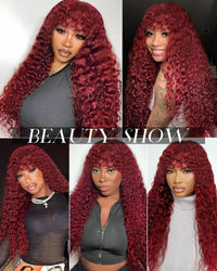 Glueless 200% Density 99J Burgundy Full Machine Made Deep Wave Wig with Bangs Water Wave Red Curly Human Hair Wigs Wear and Go Good Vibrations