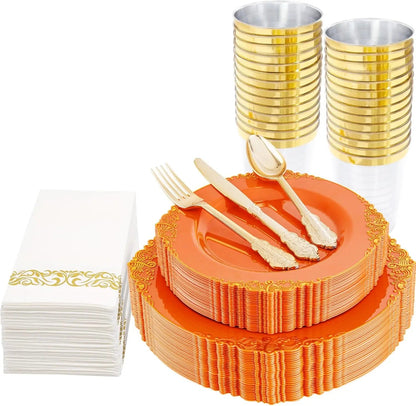 175PCS Blue Gold Plastic Plates Sets, Include 25Dinner Plates, 25Dessert Plates, 25Cups, 25Forks, 25Knives, 25Spoons, 25Napkins Good Vibrations