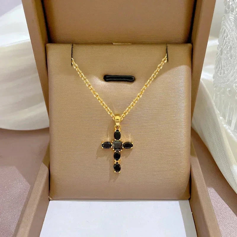 Luxury Cross Necklace for Women White/Black/Pink Cubic Zirconia Pendant Trendy Female Wedding Accessories Fashion Jewelry Good Vibrations