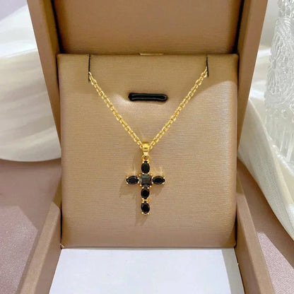 Luxury Cross Necklace for Women White/Black/Pink Cubic Zirconia Pendant Trendy Female Wedding Accessories Fashion Jewelry Good Vibrations