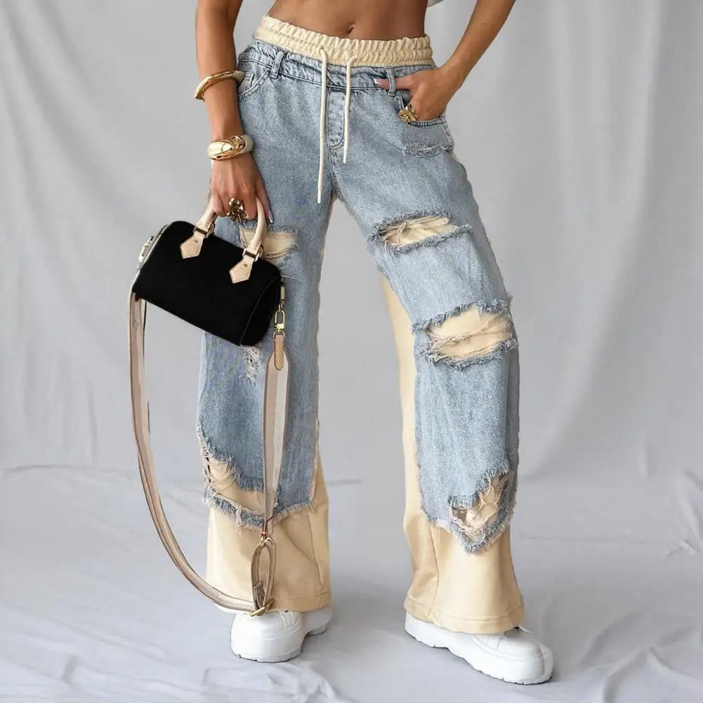 Summer Women's Large Hole Patchwork Jeans High Waist Wide Legs Trousers Cool Girl Casual Bottoms Female Denim Pants Good Vibrations