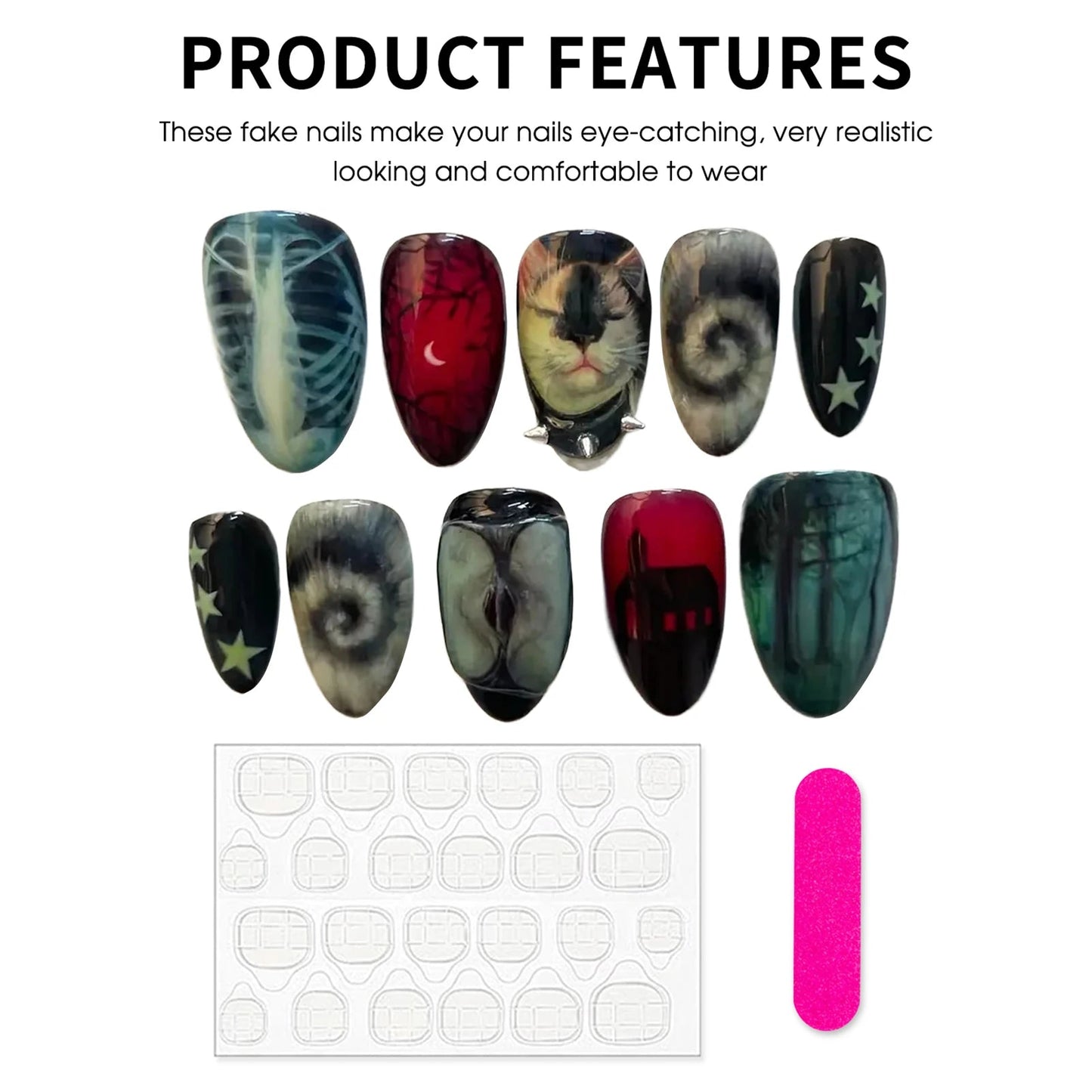 10pcs Dark Black Style Handmade Fake Nails Y2k Star Horor Foreat Designs Press On Nails Halloween Wearable Almond False Nail Good Vibrations