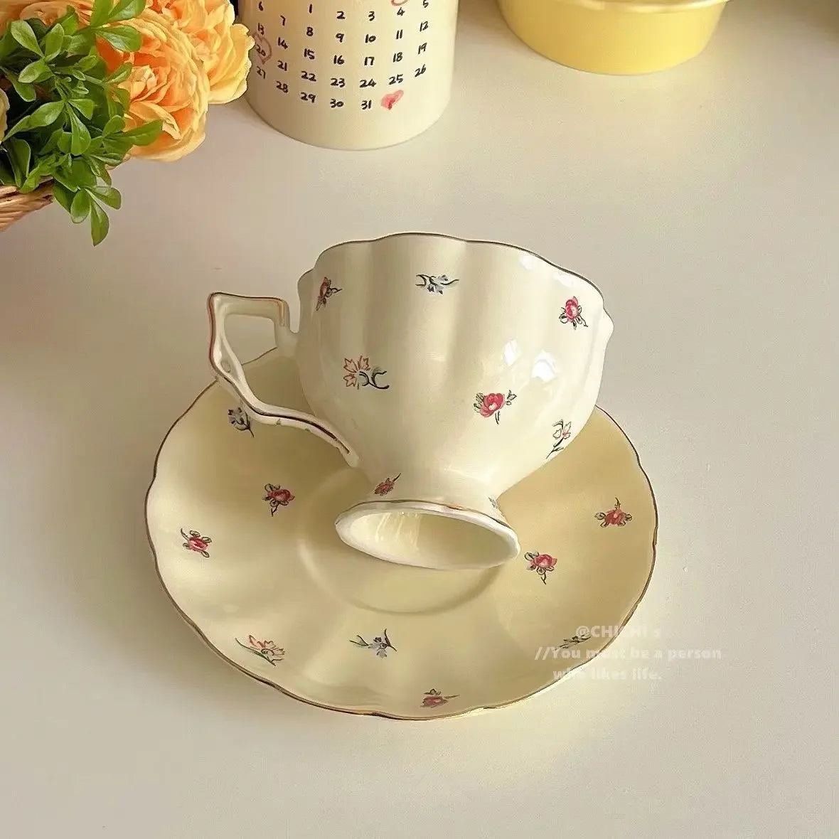 Ceramic Tea Cups Plate Set  Exquisite Afternoon Tea Coffee Cup Cream Color High Beauty Household Mug Birthday Gift 250ml Good Vibrations