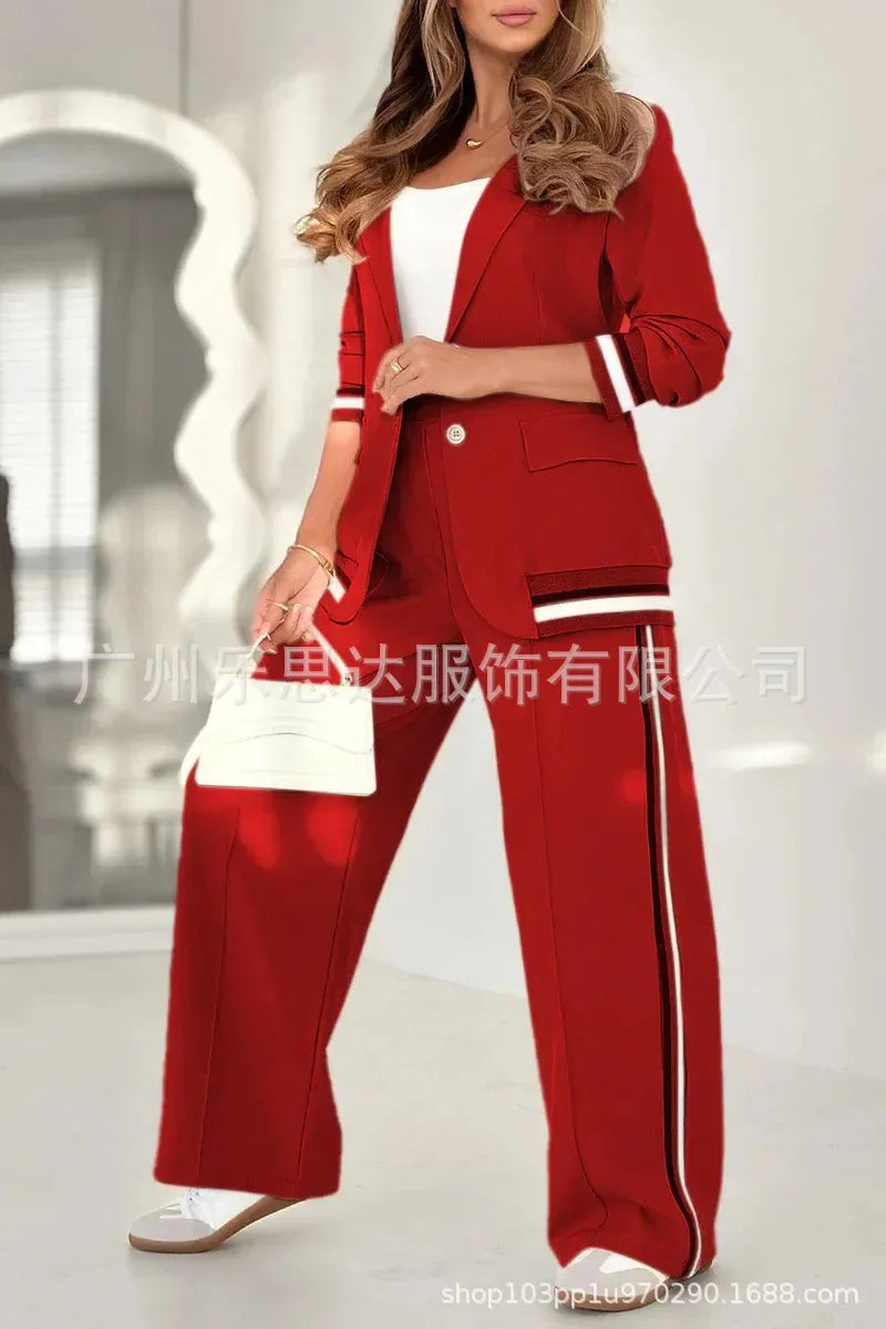 Women Suit Jacket 2 Piece Sets Striped Blazer Coat Turn Down Collar Single Breasted Wide Leg Pants Ensemble Office Lady Outfits Good Vibrations