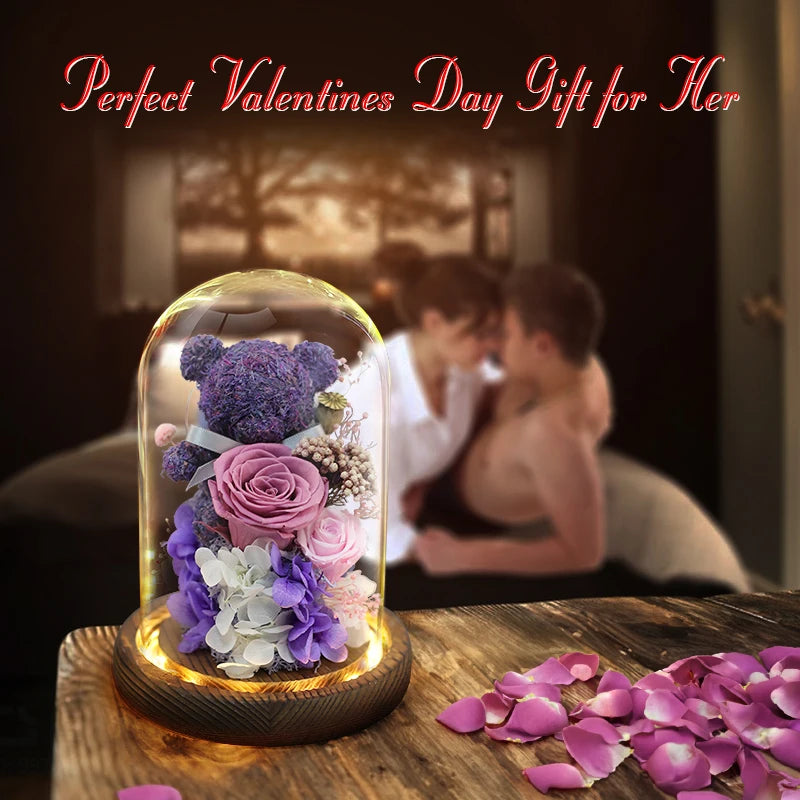 Valentine's Day Gift for Girlfriend Eternal Preserved Rose Flower Gift Box Teddy Bear Eternal Flower with Lights Gift for Women Good Vibrations
