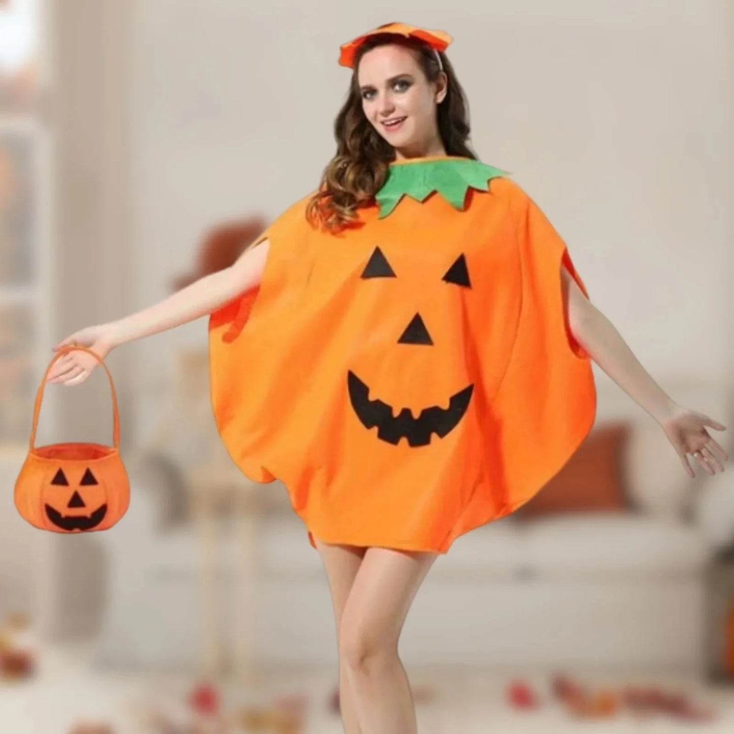 Halloween Adult Pumpkin Costume Set - Pumpkin Clothes Headband Pumpkin Tote Bag Glasses and Long-leg Socks Party Supplies Good Vibrations