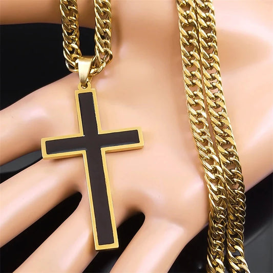 Punk Hip Hop Black Cross Pendant Necklace for Women Men Stainless Steel Gold Color Male Jesus Christ Chain Jewelry colar N8236S0 Good Vibrations