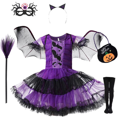 Halloween Costume for Girls Witch Vampire Carnival Party Dress Up Trappings Kids Cosplay Clothes Purple Bat Suit Holiday Gifts Good Vibrations