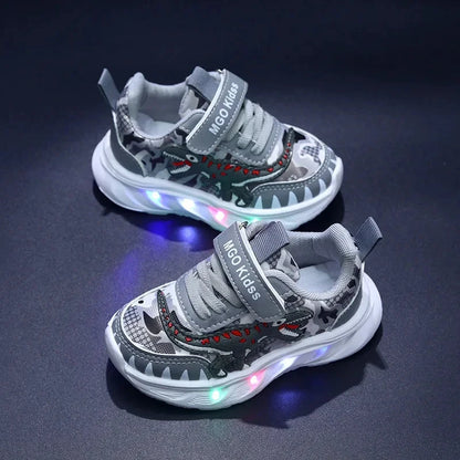 Spring New Children's Sports Shoes Cartoon Dinosaur Children's LED Light Shoes Soft Sole Boys' Causal Sneakers 2-6 Years Old Good Vibrations
