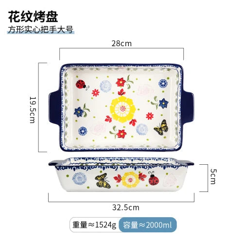 Rectangular/elliptical Double Ear Plate Cheese Baked Rice Tray Ceramic Baking Tray Oven Household Large Square Plate Tableware Good Vibrations