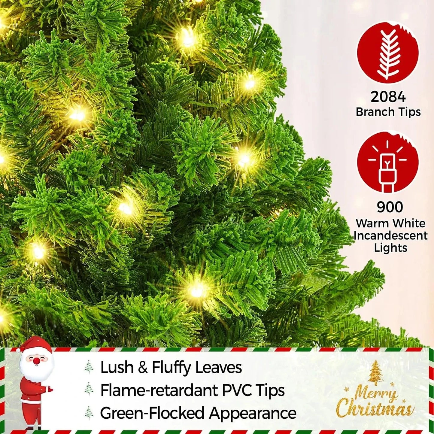 5 to 10ft Artificial Christmas Tree , Snow Flocked Full Prelighted Xmas Tree with 2084 Branch Tips, 900 Incandescent Lights Good Vibrations
